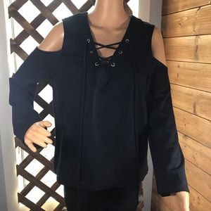French Terry lace up cold shoulder sweatshirt top